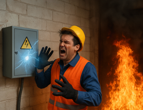 Worker suffers electric shock and causes fire to property
